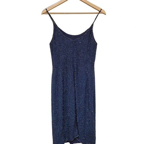 Adrianna Papell Women's 100% SILK Evening Dress Size 8 Navy Beaded Mini Formal - Picture 2 of 9